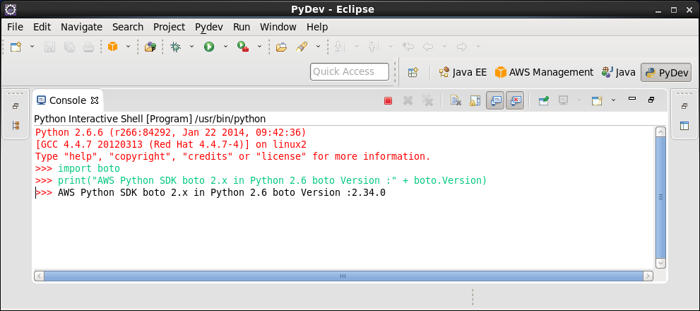 Click to view larger image in new window. AWS Eclipse Python SDK boto 2 in Python 2.6